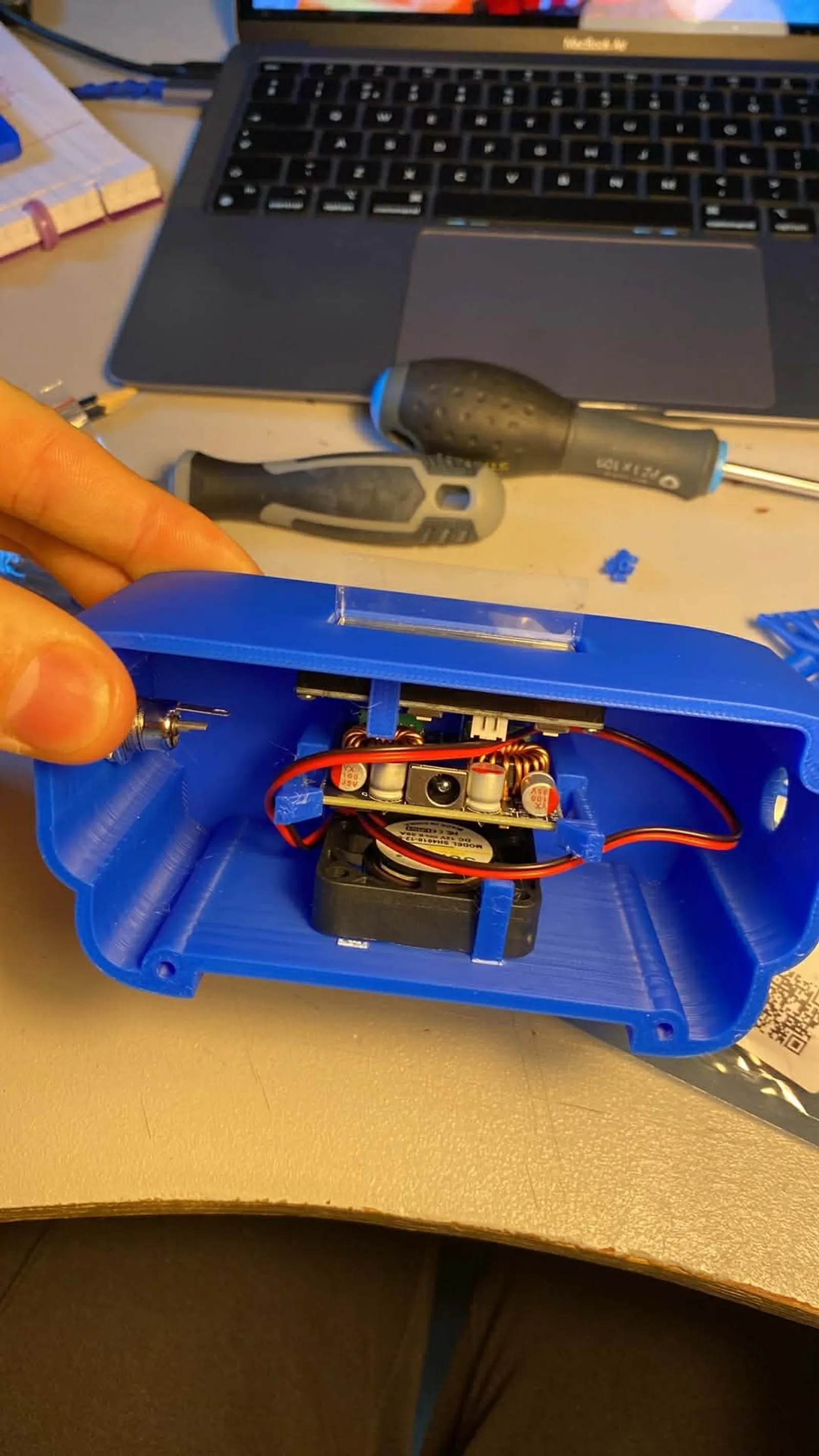 The first fitting of the components in the first version on the 3d printed enclosure. The final enclosure had many more changes to fit all components perfectly.