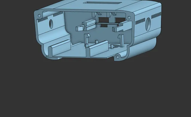 An inside view of the OnShape enclosure model showing the internal ribs, standoffs and component mounts.