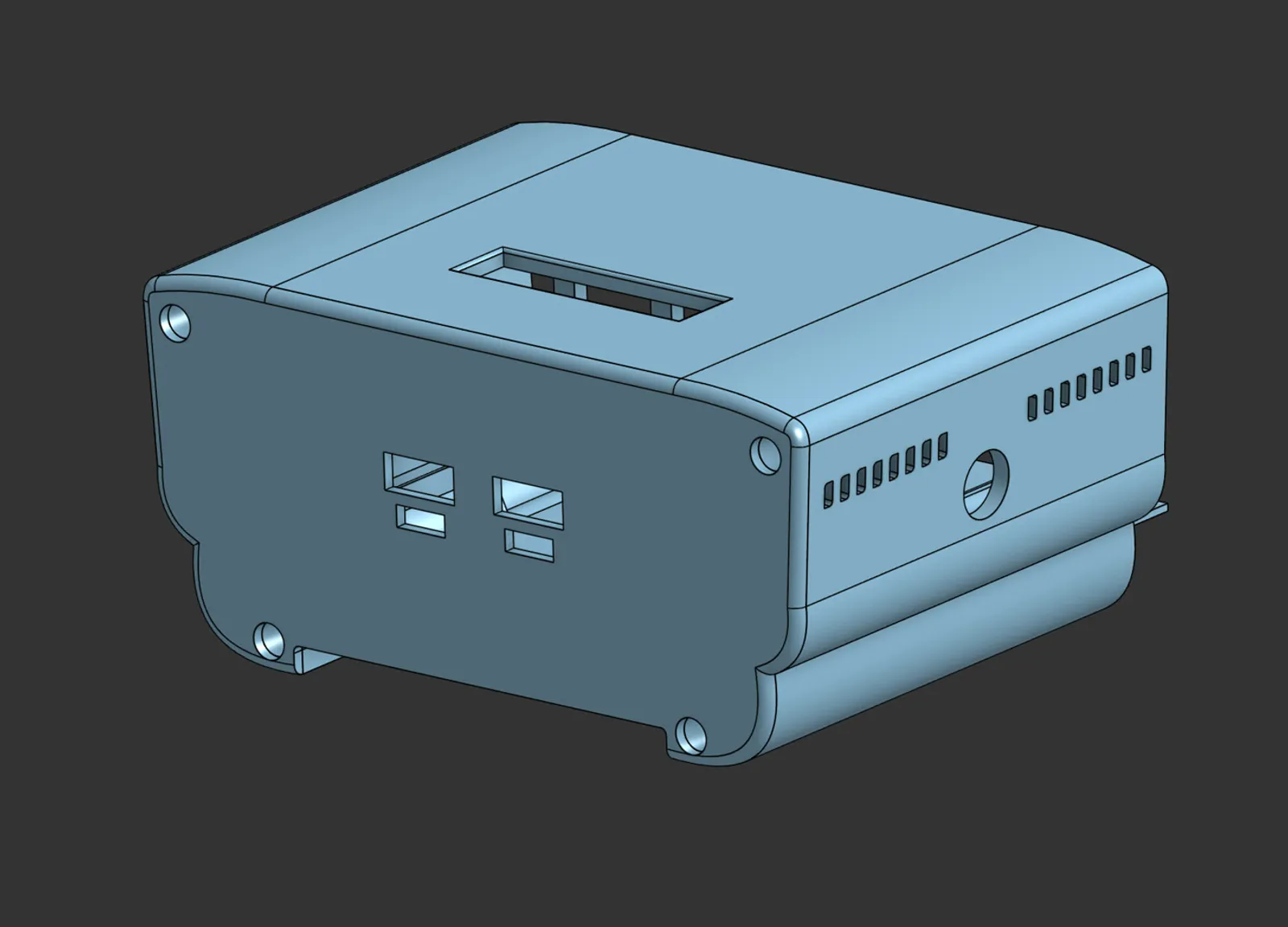 The full enclosure modelled in OnShape, showing the USB-port cutouts, cooling vents, button hole and display slot.