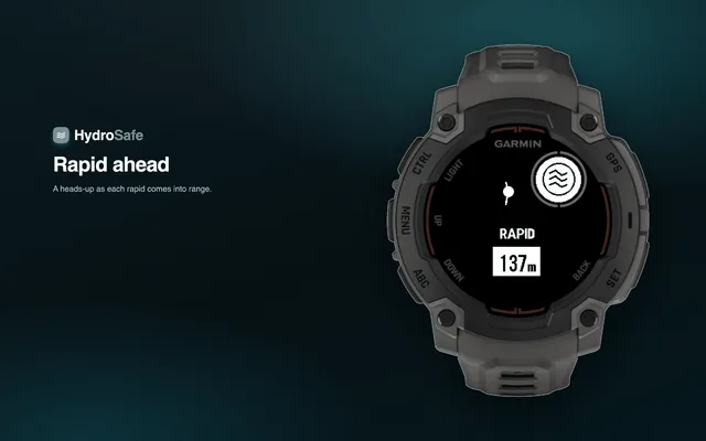 A HydroSafe rapid-approach alert on the Garmin Instinct E, warning that a rapid is coming into range.