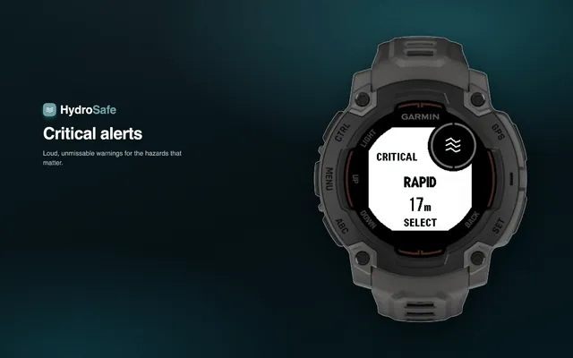 A HydroSafe critical hazard alert filling the Garmin Instinct E screen — a loud, unmissable warning for a nearby rapid.