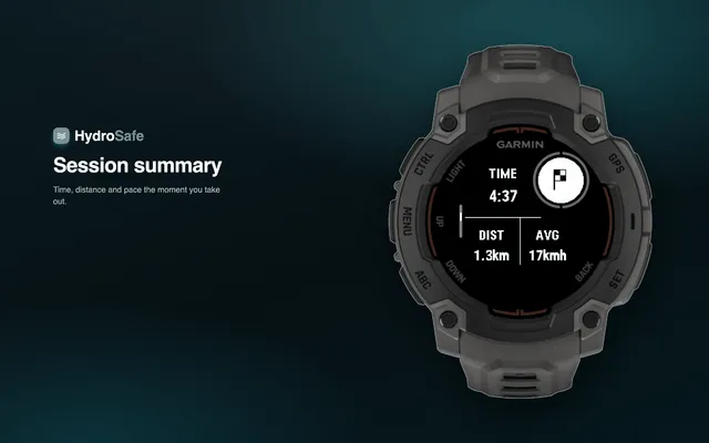 HydroSafe's session summary on the Garmin Instinct E, showing time, distance, and pace after taking out.