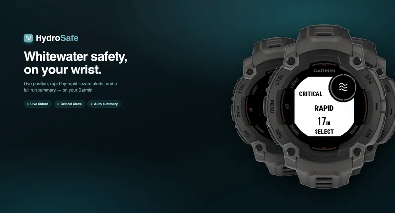 HydroSafe watch app running on a Garmin Instinct, showing hazard proximity during a whitewater session