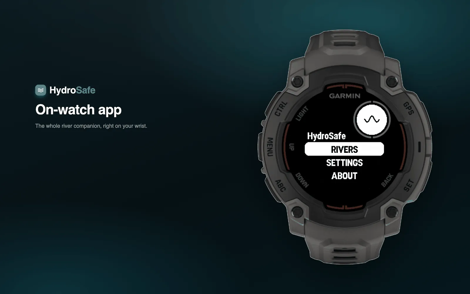 HydroSafe's main menu on a Garmin Instinct E — a RIVERS / SETTINGS / ABOUT list on the watch's 2-color display.