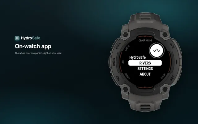 HydroSafe's main menu on a Garmin Instinct E — a RIVERS / SETTINGS / ABOUT list on the watch's 2-color display.