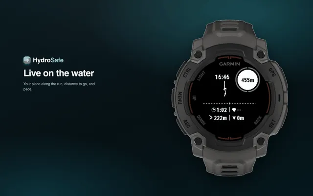 HydroSafe's live run view on the Garmin Instinct E, showing the paddler's position along the section, distance remaining, and pace.