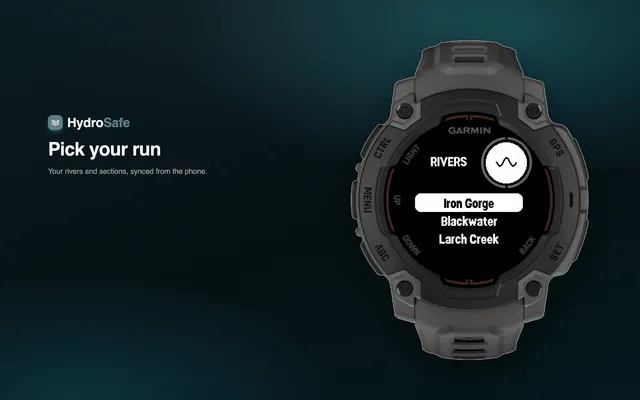 HydroSafe's river list on the Garmin Instinct E, showing the paddler's saved rivers and sections synced from the phone.