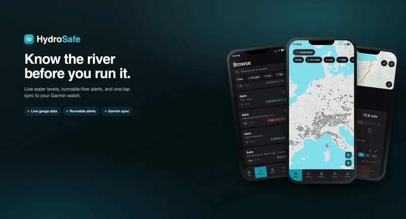The HydroSafe app shown on three iPhones — the live river map, the browsable section list, and a section-level detail page — on a teal gradient.