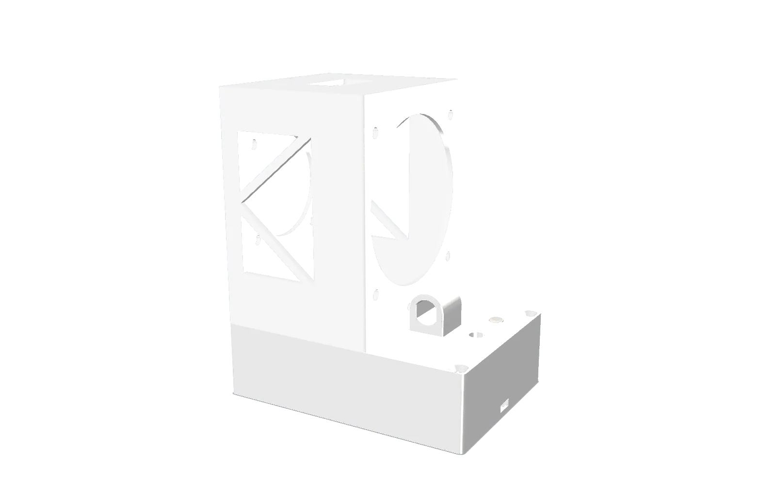 A rendered view of the two-part LED housing, showing the head with its fan cutout and side vents, sitting on the electronics base.