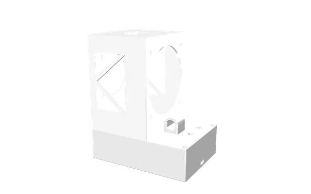 A rendered view of the two-part LED housing, showing the head with its fan cutout and side vents, sitting on the electronics base.