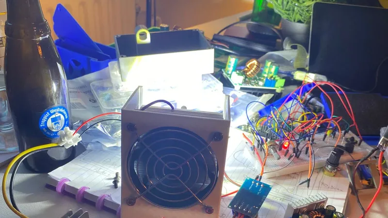 The finished COB LED light lit up brightly on the workbench next to its breadboard prototype.