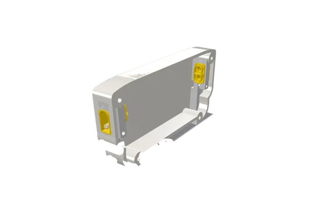 A rendered view of the later-added back plate, showing the internal mounts for the XT-60 ports used for the 24v circuit.