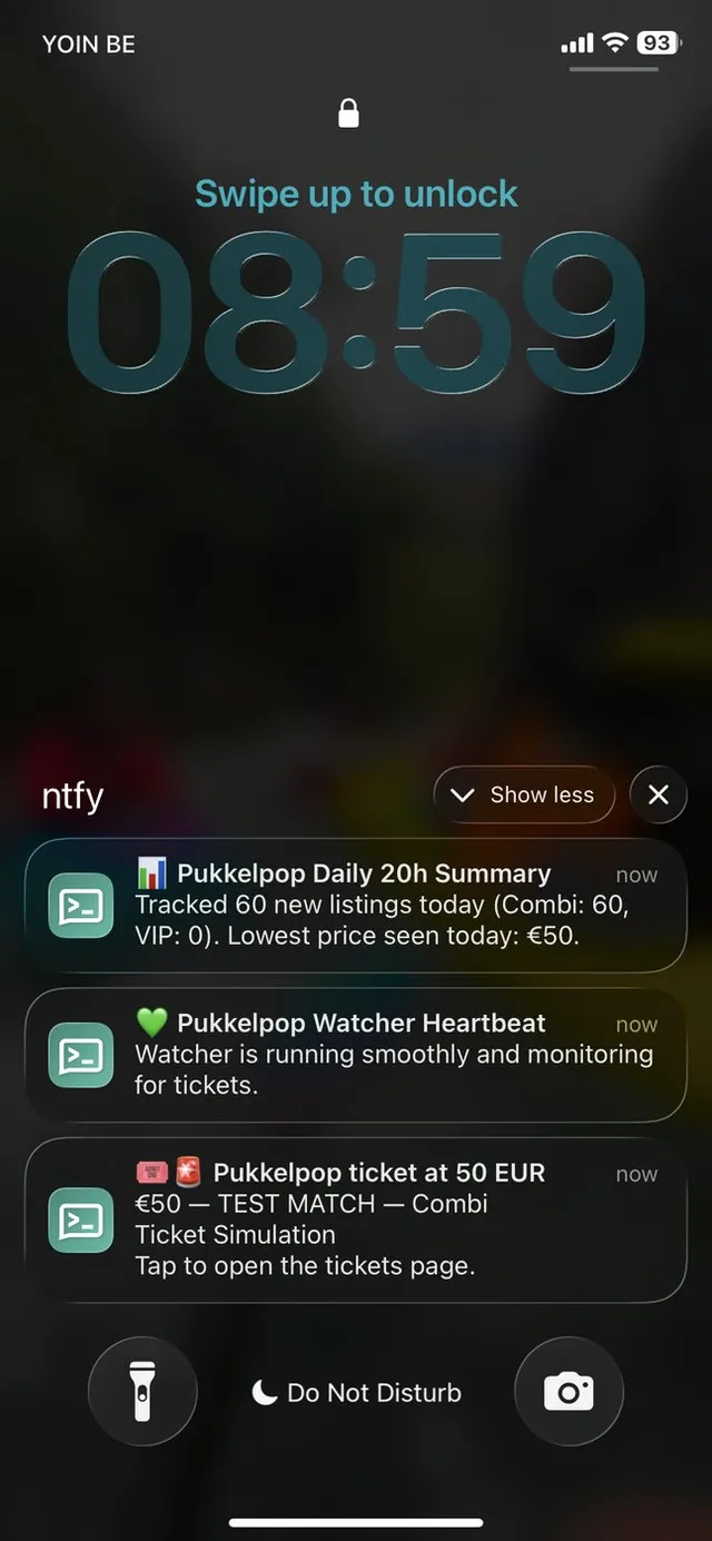 A phone lock screen showing three ntfy notifications from the watcher: a daily summary, a heartbeat, and a matched €50 ticket alert.